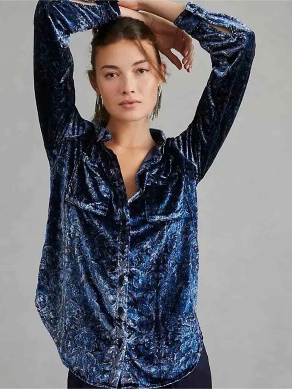 Anthropologie Pilcro Velvet Long-Sleeve Button-Up Blouse - Blue